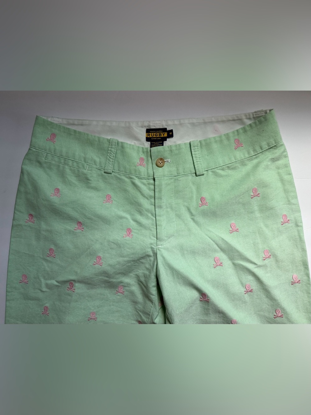 Ralph Lauren Mint Green Shorts with Pink Embroidered Skulls